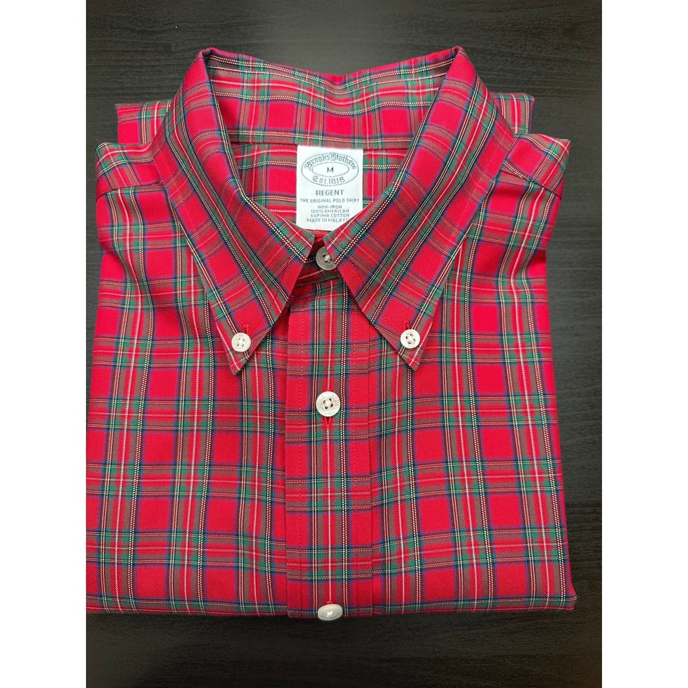 Brooks Brothers Button Down Shirt Mens Medium Red Plaid Regent Supima Non-Iron